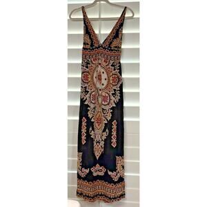 Angie Boho Sleeveless V-neck Maxi Dress Black Multicolor Mandela Print Womens S